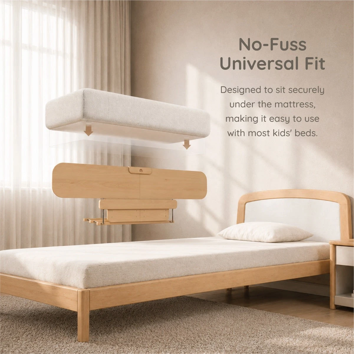 Universal fit wooden safety bed rail panel sitting securely under the mattress. Universal fit wooden safety bed rail panel sitting securely under the mattress.