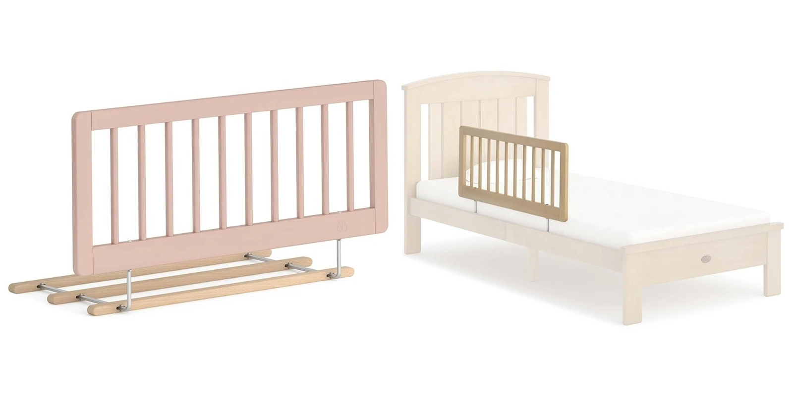 Premium pink wooden safety rail accessory / Solid wood toddler bed frame with installed safety guardrail. Premium pink wooden safety rail accessory / Solid wood toddler bed frame with installed safety guardrail.